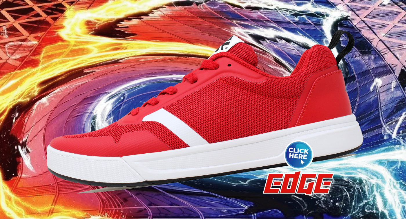 Red athletic sneaker with a white stripe against a vibrant abstract background.