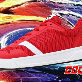 Red sneaker with a vibrant abstract background for California footwear business.