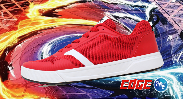 Red sneaker with a vibrant abstract background for California footwear business.