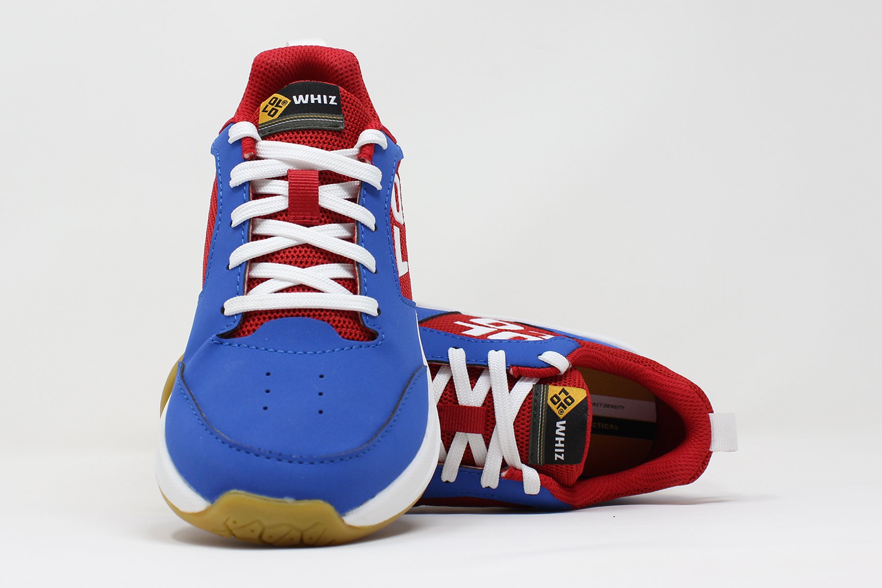 Stylish blue and red sneaker with white laces on a clean background.