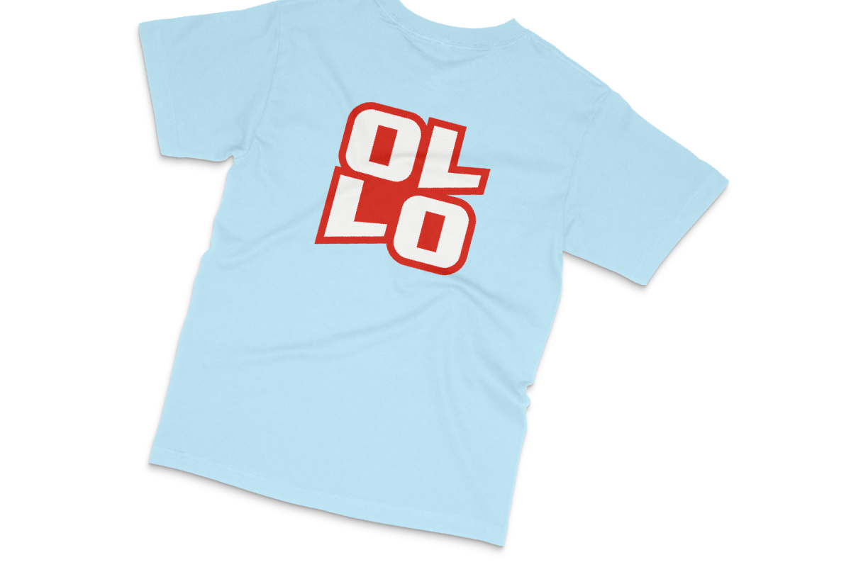 Blue t-shirt with bold red and white OLLO logo on the back.